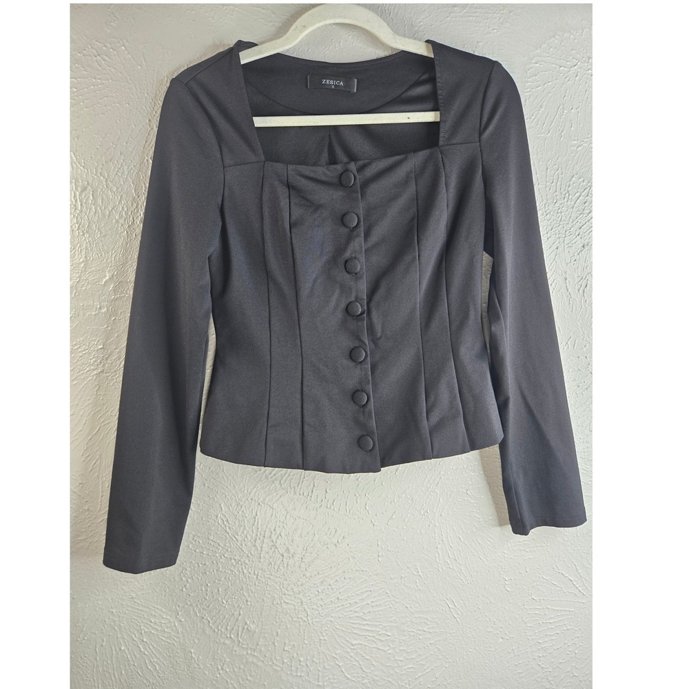 Preppy‎ Blazer Top S Black Square Neck Button Front Long Sleeve Blouse Steampunk